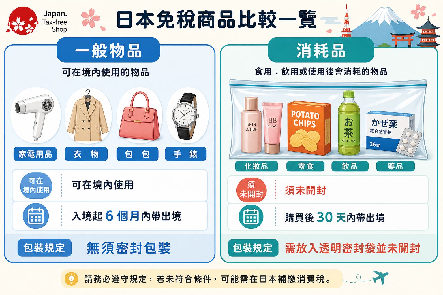 日本免稅一般物品與消耗品的規定比較