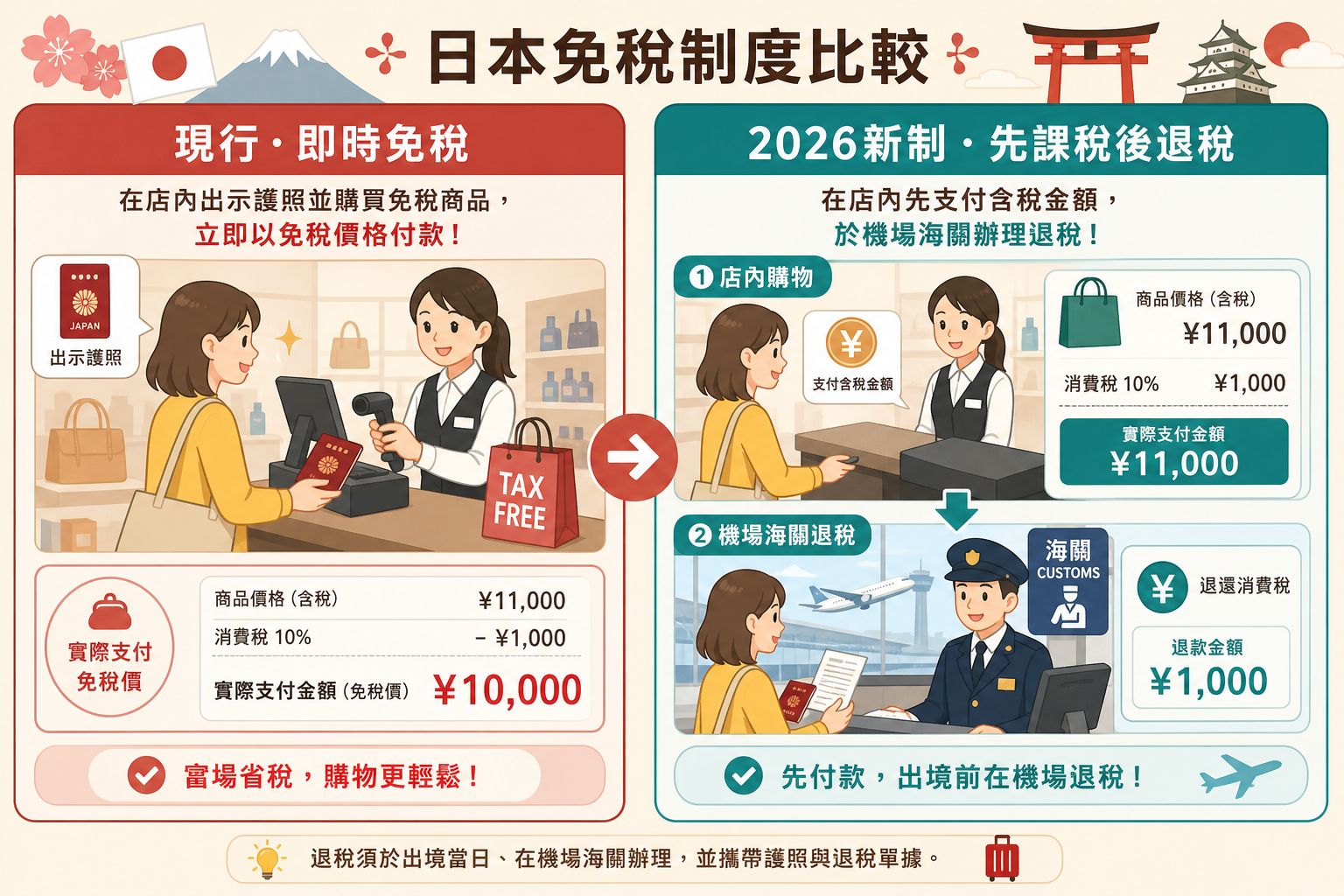 日本現行即時免稅與 2026 新制先課稅後退稅對比